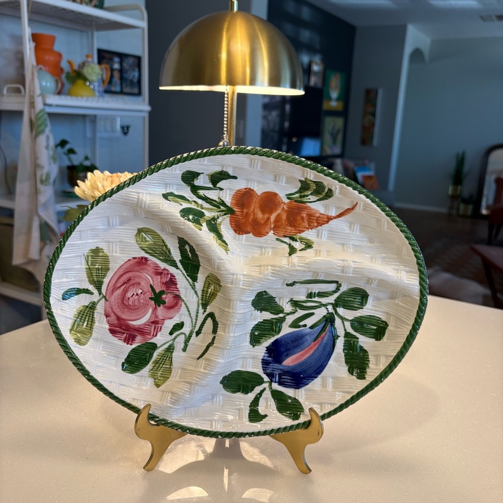 Hand-Painted Italy Floral Ceramic Divided Basket Weave Pattern Platter